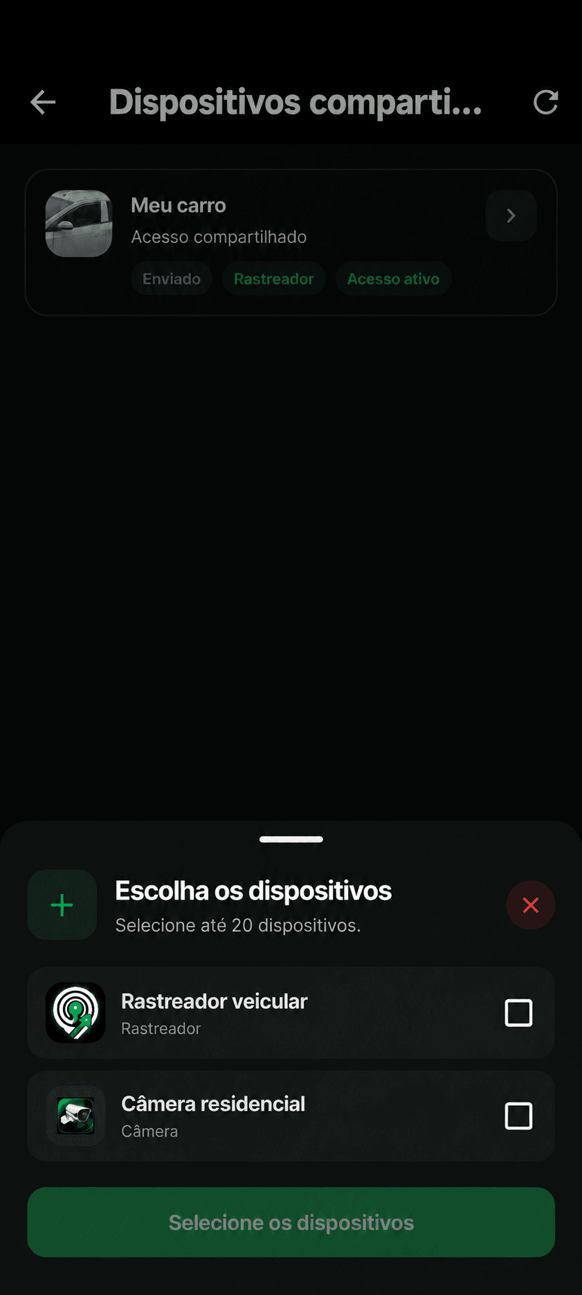 Tela real do Achô App para selecionar e compartilhar dispositivos