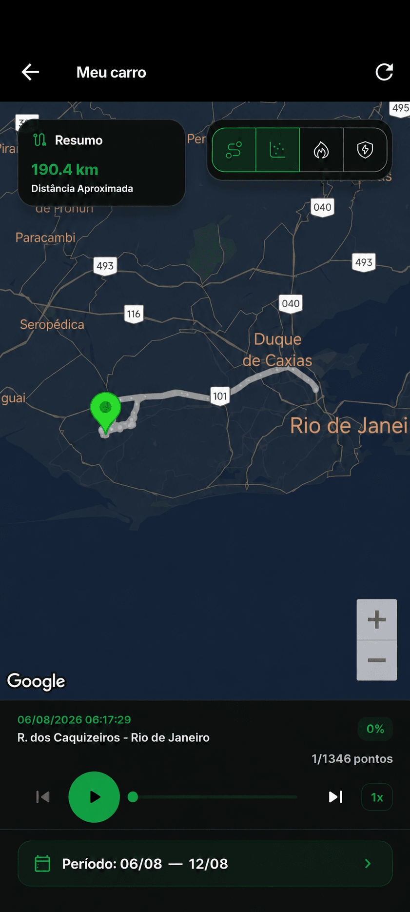 Tela real do Achô App reproduzindo o histórico de um trajeto no mapa