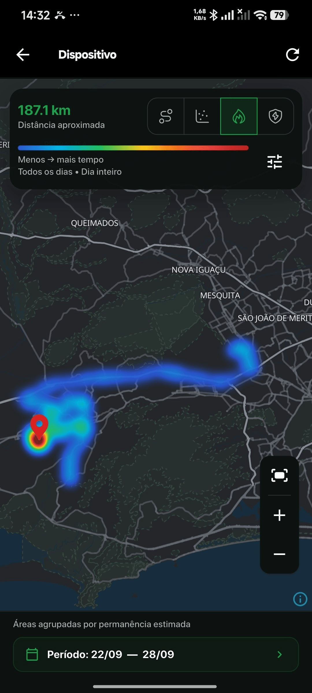 Mapa de calor com uma trilha azul e áreas em verde, amarelo e vermelho indicando maior permanência